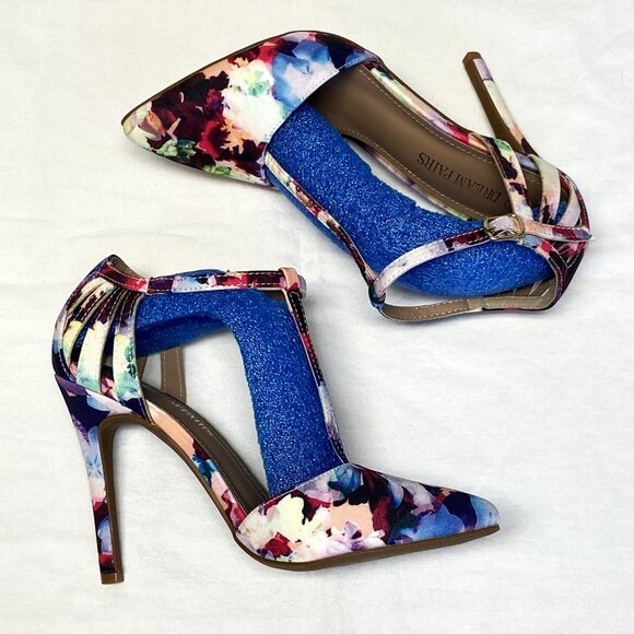 Dream Pairs Oppointed 7.5 Floral T-Strap Closed Toe Stiletto Heel Dress Pumps - Picture 7 of 12